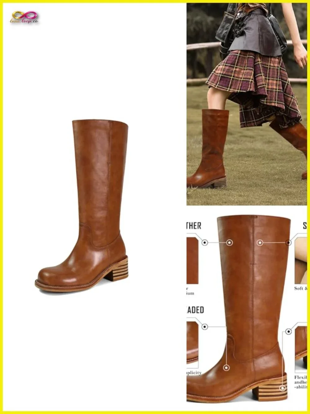 Faux Leather Knee High Block Heel Square Toe Boots